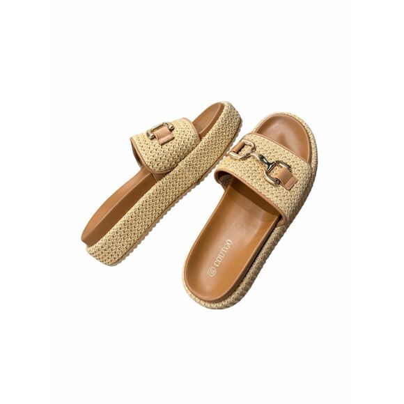 Coutgo Shoes - Coutgo Womens Platform Sandals Raffia Espadrilles Slip-on Open Toe Slides 9.5